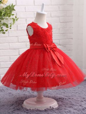 Red Ball Gowns Tulle Scoop Sleeveless Bowknot Mini Length Zipper Little Girl Pageant Dress