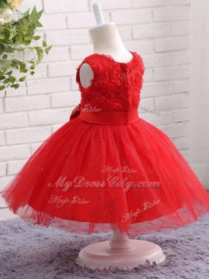 Red Ball Gowns Tulle Scoop Sleeveless Bowknot Mini Length Zipper Little Girl Pageant Dress