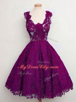 Spectacular Purple A-line Lace Bridesmaid Dresses Lace Up Lace Sleeveless Knee Length