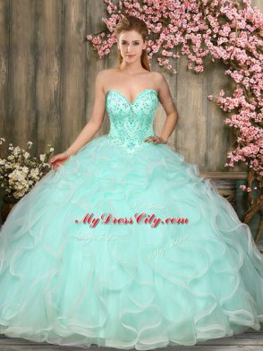 Apple Green Sleeveless Floor Length Beading and Ruffles Lace Up Quinceanera Gowns