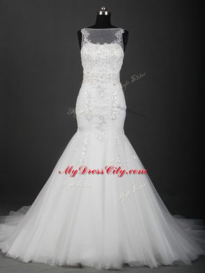 Flare White Sleeveless Appliques Zipper Wedding Dresses