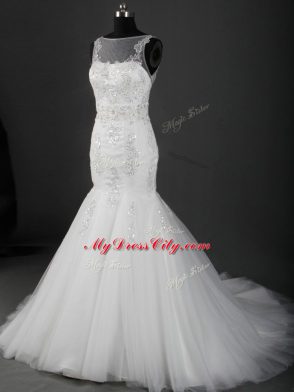 Flare White Sleeveless Appliques Zipper Wedding Dresses