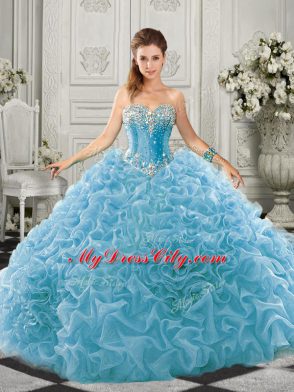 Affordable Aqua Blue Lace Up 15th Birthday Dress Beading and Ruffles Sleeveless Court Train