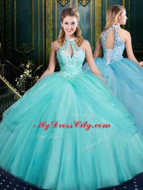 Beautiful Aqua Blue Tulle Lace Up Quinceanera Dress Sleeveless Floor Length Beading and Pick Ups