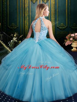Beautiful Aqua Blue Tulle Lace Up Quinceanera Dress Sleeveless Floor Length Beading and Pick Ups