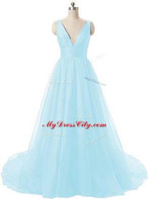 Organza V-neck Sleeveless Brush Train Backless Ruching Dress for Prom in Aqua Blue