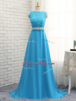 Customized Empire Sleeveless Baby Blue Bridesmaid Dress Brush Train Zipper