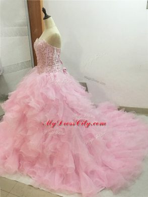 Sweetheart Sleeveless Brush Train Lace Up 15th Birthday Dress Baby Pink Organza