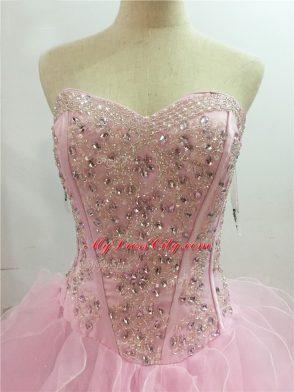 Sweetheart Sleeveless Brush Train Lace Up 15th Birthday Dress Baby Pink Organza