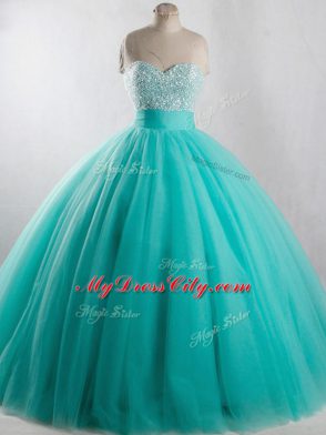 Shining Sleeveless Floor Length Beading Lace Up Quince Ball Gowns with Turquoise