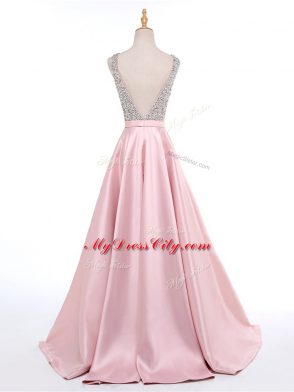Beautiful Baby Pink Backless Prom Dress Beading Sleeveless Brush Train