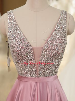 Beautiful Baby Pink Backless Prom Dress Beading Sleeveless Brush Train
