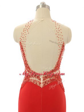 Admirable Red Chiffon Backless High-neck Sleeveless Evening Dress Brush Train Beading