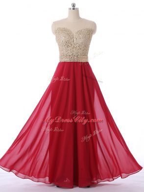 Hot Sale Red Empire Chiffon Scoop Sleeveless Beading Floor Length Zipper Wedding Guest Dresses
