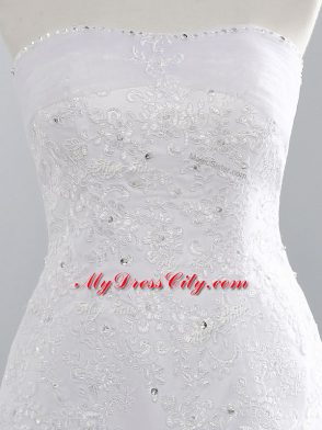 Sleeveless Beading and Appliques Lace Up Wedding Gown with White Brush Train