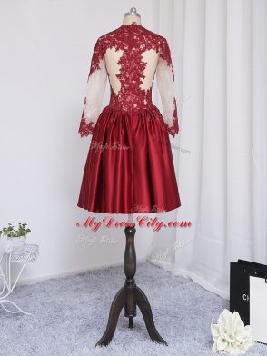 High Quality Mini Length Wine Red Prom Gown Elastic Woven Satin Long Sleeves Beading and Appliques