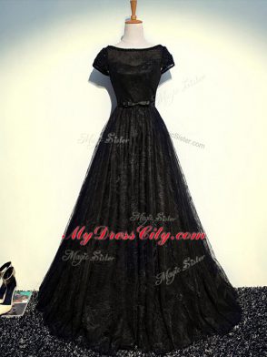 Scoop Short Sleeves Mother Dresses Floor Length Beading and Lace and Belt Black Tulle