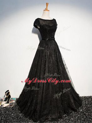 Scoop Short Sleeves Mother Dresses Floor Length Beading and Lace and Belt Black Tulle
