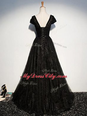 Scoop Short Sleeves Mother Dresses Floor Length Beading and Lace and Belt Black Tulle