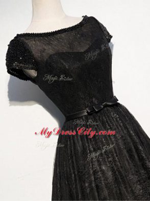 Scoop Short Sleeves Mother Dresses Floor Length Beading and Lace and Belt Black Tulle