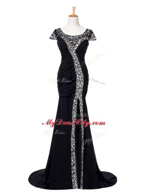 Black Cap Sleeves Beading and Ruching Zipper Evening Party Dresses