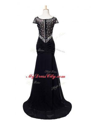 Black Cap Sleeves Beading and Ruching Zipper Evening Party Dresses