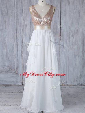 Classical White Empire V-neck Sleeveless Chiffon Floor Length Backless Ruffles and Sequins Dama Dress