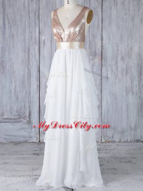 Classical White Empire V-neck Sleeveless Chiffon Floor Length Backless Ruffles and Sequins Dama Dress