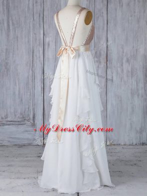 Classical White Empire V-neck Sleeveless Chiffon Floor Length Backless Ruffles and Sequins Dama Dress