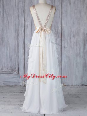 Classical White Empire V-neck Sleeveless Chiffon Floor Length Backless Ruffles and Sequins Dama Dress
