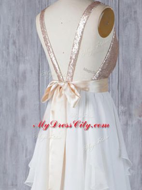 Classical White Empire V-neck Sleeveless Chiffon Floor Length Backless Ruffles and Sequins Dama Dress