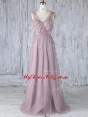 Floor Length Criss Cross Bridesmaid Gown Lavender for Prom and Wedding Party with Appliques