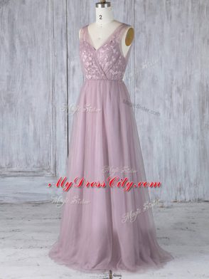 Floor Length Criss Cross Bridesmaid Gown Lavender for Prom and Wedding Party with Appliques