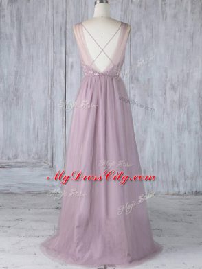 Floor Length Criss Cross Bridesmaid Gown Lavender for Prom and Wedding Party with Appliques