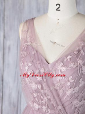Floor Length Criss Cross Bridesmaid Gown Lavender for Prom and Wedding Party with Appliques