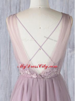Floor Length Criss Cross Bridesmaid Gown Lavender for Prom and Wedding Party with Appliques