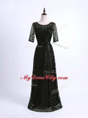 Fashion Floor Length Black Mother of Groom Dress Scoop Half Sleeves Lace Up