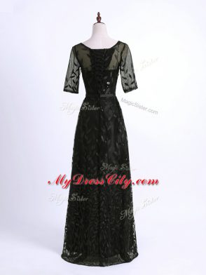 Fashion Floor Length Black Mother of Groom Dress Scoop Half Sleeves Lace Up