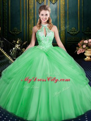 Fabulous Sleeveless Tulle Floor Length Lace Up Sweet 16 Dress in Green with Beading and Pick Ups