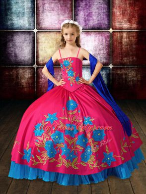 Inexpensive Hot Pink Sleeveless Floor Length Embroidery Lace Up Little Girls Pageant Dress