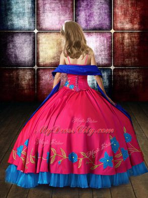 Inexpensive Hot Pink Sleeveless Floor Length Embroidery Lace Up Little Girls Pageant Dress