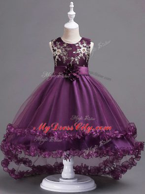 Best Dark Purple Tulle Zipper Scoop Sleeveless High Low Little Girls Pageant Dress Wholesale Appliques and Hand Made Flower