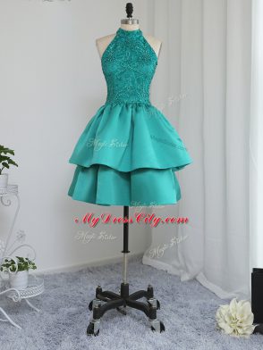 High Quality Turquoise Prom Evening Gown Prom and Party and Sweet 16 with Lace and Appliques High-neck Sleeveless Zipper