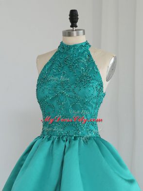 High Quality Turquoise Prom Evening Gown Prom and Party and Sweet 16 with Lace and Appliques High-neck Sleeveless Zipper
