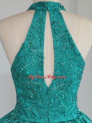 High Quality Turquoise Prom Evening Gown Prom and Party and Sweet 16 with Lace and Appliques High-neck Sleeveless Zipper