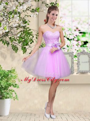Chic Lavender Lace Up Sweetheart Lace and Belt Bridesmaids Dress Tulle Sleeveless