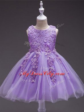 Sexy Lavender Ball Gowns Scoop Sleeveless Tulle Knee Length Zipper Appliques Flower Girl Dresses