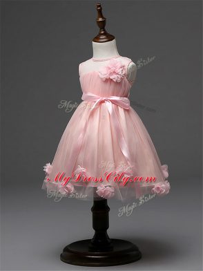 Champagne Ball Gowns Scoop Sleeveless Tulle Knee Length Zipper Hand Made Flower Girls Pageant Dresses