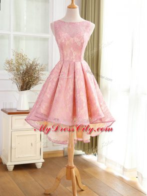 Inexpensive A-line Evening Outfits Pink Bateau Lace Sleeveless High Low Backless