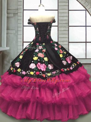 Adorable Off The Shoulder Sleeveless Vestidos de Quinceanera Floor Length Embroidery and Ruffled Layers Multi-color Organza and Taffeta